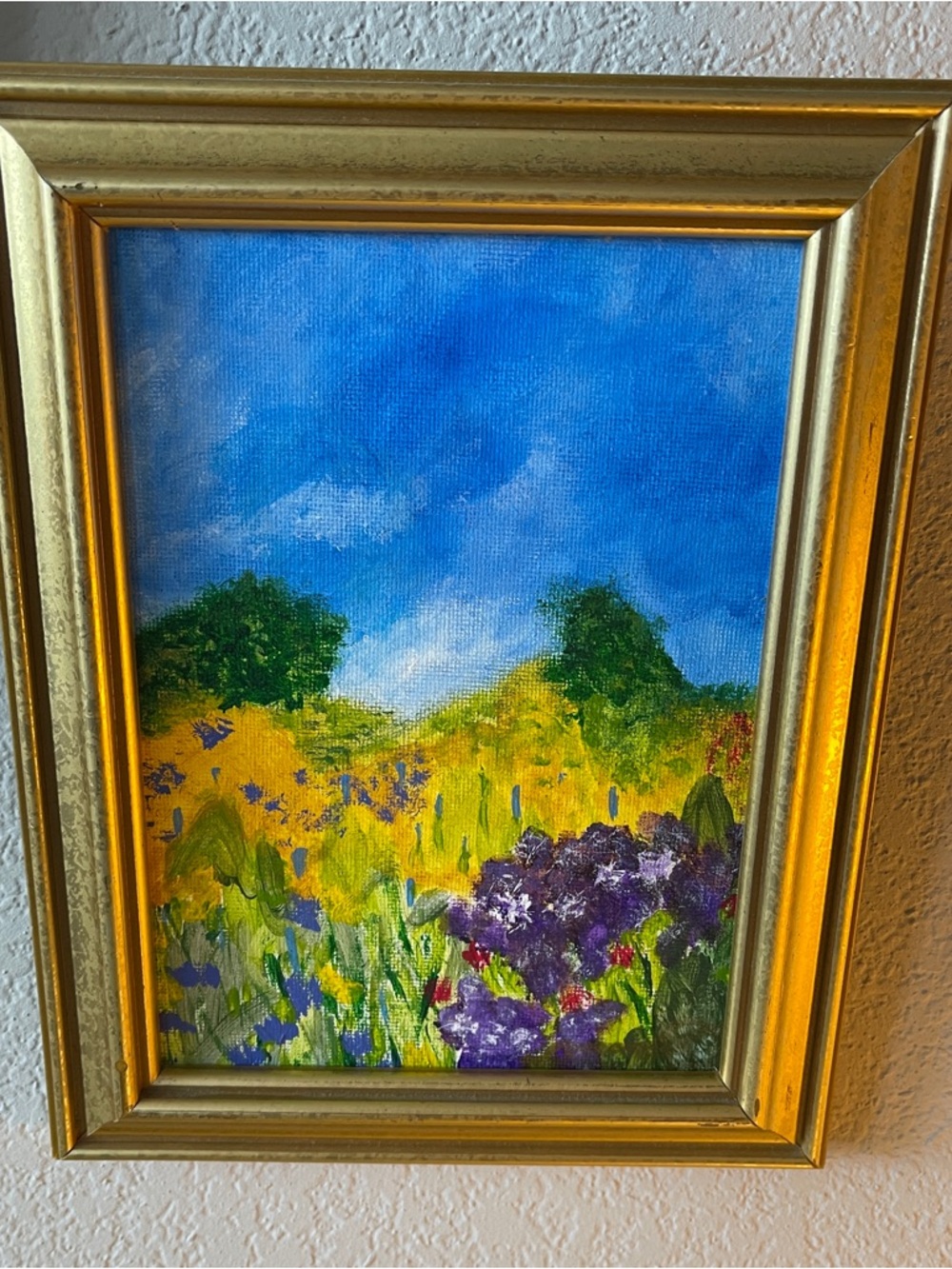 Framed Blue and Yellow Floral Landscape Painting